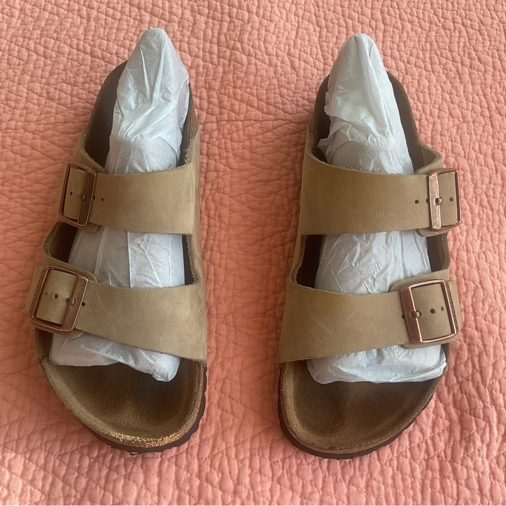 Birkenstock Two-Strap Sandals in Light Tan with Copper Buckles
